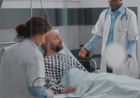 Patient lying in hospital bed talking with two doctors about diagnosis and recovery plan.&nbsp;