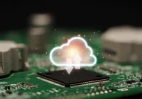 Cloud storage on a circuit board, highlighting energy-efficient archives.&nbsp;