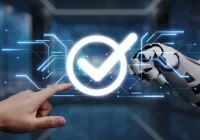 Robot hand pressing a digital checkmark icon, symbolizing AI approval and automated quality assurance.&nbsp;