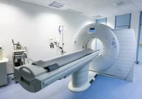 Modern CT scanner in a hospital radiology room ready for chest CT imaging.&nbsp;
