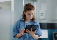 Nurse using a tablet to review electronic health records in a hospital ward, supporting safe and efficient digital nursing workflows.&nbsp;