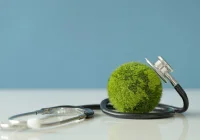 Stethoscope placed on a green moss globe symbolising environmental health and sustainable healthcare.&nbsp;