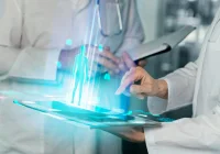 Clinicians using AI digital twin on a tablet for patient trajectory forecasting in hospital.&nbsp;