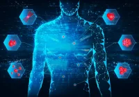 Digital illustration of a human body with medical icons representing cardiovascular and circulatory system data, symbolising precision health and biometric monitoring&nbsp;