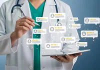 Doctor writing on a clipboard with floating digital icons showing patient feedback and ratings, symbolising healthcare quality assessment and digital patient experience management.&nbsp;