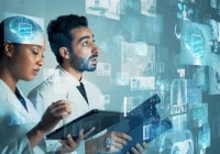 Healthcare professionals analysing digital medical data, representing AI-assisted diagnostics and advanced imaging technologies in clinical decision-making.&nbsp;