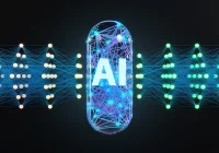 Digital illustration of an AI concept in healthcare, showing a capsule with neural network connections&nbsp;symbolising&nbsp;artificial intelligence in drug discovery, precision&nbsp;medicine&nbsp;or bioinformatics.&nbsp;