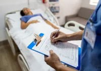 Healthcare professional recording patient information at the bedside, illustrating hospital care management, patient monitoring, and clinical documentation processes.&nbsp;