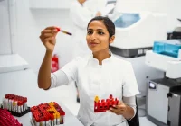 Scientist working in a modern laboratory, examining a blood sample near automated diagnostic equipment,&nbsp;representing&nbsp;precision and innovation in clinical testing.