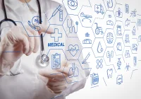 A clinician interacts with a futuristic digital interface displaying medical icons, connected data nodes and diagnostic symbols,&nbsp;representing&nbsp;advanced healthcare technology and digital patient care systems.&nbsp;