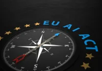 Compass pointing toward &ldquo;EU AI Act&rdquo; with EU stars motif.&nbsp;