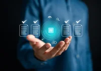 Hand presenting an AI icon with checklist documents and review symbols.&nbsp;