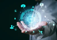 Healthcare AI innovation concept with&nbsp;clinician&nbsp;using medical AI.&nbsp;