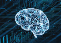 Digital brain simulation showcasing neural activity and electrical signals.