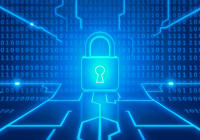 Digital security concept with blue circuitry and lock over binary code background.