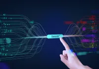 Finger pressing &quot;Generate&quot; button on neural network interface, symbolising generative AI, machine learning and data-driven content creation.