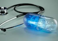 Futuristic digital capsule next to stethoscope symbolising smart medicine, personalised healthcare, and the integration of technology in modern medical treatment.&nbsp;