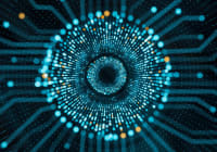 Abstract digital tunnel visualising data flow and AI processing, symbolising machine learning algorithms, neural networks and advanced computing in healthcare technology.&nbsp;