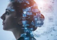 Profile of a woman overlaid with digital health data and AI icons, symbolising the integration of artificial intelligence, wearable tech and personalised healthcare analytics.&nbsp;