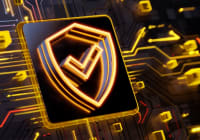 Glowing shield icon on digital circuit board symbolising cybersecurity, data protection and secure technology infrastructure in healthcare IT systems.&nbsp;