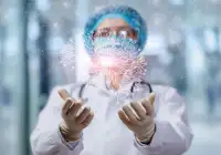 Doctor interacting with AI neural network interface symbolising artificial intelligence in medical innovation&nbsp;