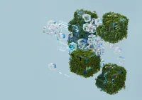 Digital data blocks merge with green foliage, symbolising sustainable technology.