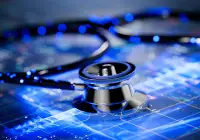 Digital health technology concept with stethoscope on a glowing data interface.