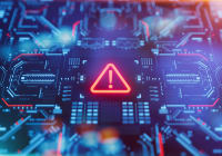 Cybersecurity warning sign on digital circuit board, symbolising IT system risk