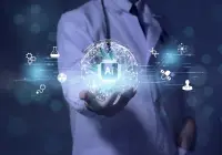 Doctor using hospital AI for predictive analytics, EHR integration, scheduling and billing with clinical decision support icons.&nbsp;