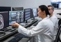 Radiologists reviewing brain MRI scans at multi-monitor workstations in a hospital reading room.&nbsp;