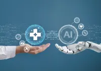 Human and robotic hands with AI and medical icons symbolising healthcare AI integration and clinical decision support.&nbsp;