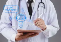 Clinician using a tablet with an AI chatbot assistant overlay.