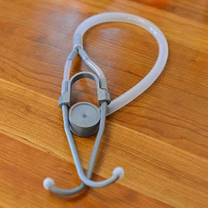 The stethoscope is built using 3-D printed parts, and recycled plastic tubing. The stethoscope is built using 3-D printed parts, and recycled plastic tubing.