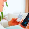 Older patient using an AI chatbot on a smartphone to check medication information, supporting digital health guidance and remote patient support.