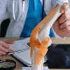 Knee joint assessment concept with magnified anatomy, supporting orthopaedic diagnosis, musculoskeletal care and clinical data analysis.