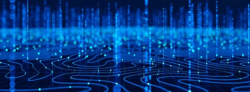 A glowing blue digital landscape with flowing grid lines and vertical data points, representing data networks, information streams and advanced technology visualisation. 