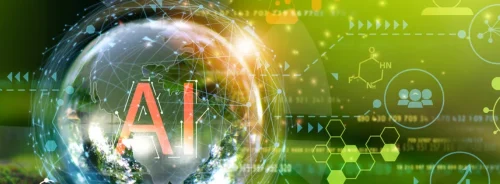 Sustainable AI in life sciences shown with lab symbols on a vibrant green backdrop. 