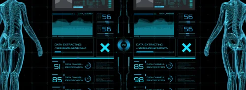 A futuristic dashboard displays full-body skeletal scans with patient vitals. 