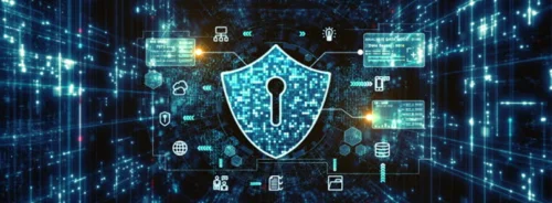 Conceptual image of healthcare cybersecurity, showing a digital shield protecting data servers.