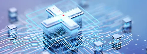 AI-driven healthcare technology concept with digital medical cross integrated into microchip circuitry.