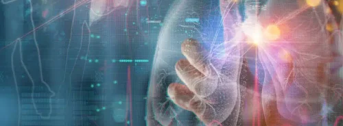 Digital respiratory health concept with clinician reviewing virtual lung imaging and medical data.