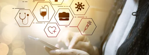 A person uses a smartphone with digital health icons overlaid.