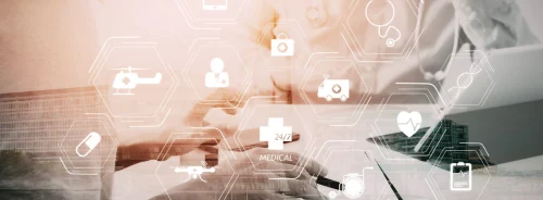  Clinicians reviewing charts together with AI and digital health icons overlaid.