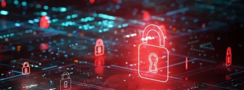 Cybersecurity concept with a glowing padlock over a digital network.