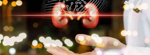 AI-powered nephrology: clinician presenting holographic kidneys for predictive renal care.