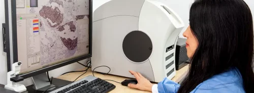 Laboratory specialist analysing digital pathology images at a workstation.
