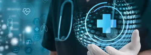 Digital healthcare interface concept with clinician holding virtual medical cross and data visualisations.