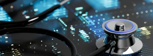 Digital healthcare data network with stethoscope illustrating connected health and clinical analytics.