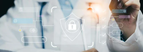 Healthcare data security concept with digital protection, patient privacy, access control and cybersecurity for connected medical systems.