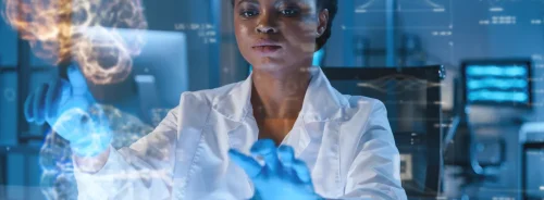 Neuroscience research concept with digital brain imaging, supporting AI-assisted diagnostics, neurological assessment and medical innovation.